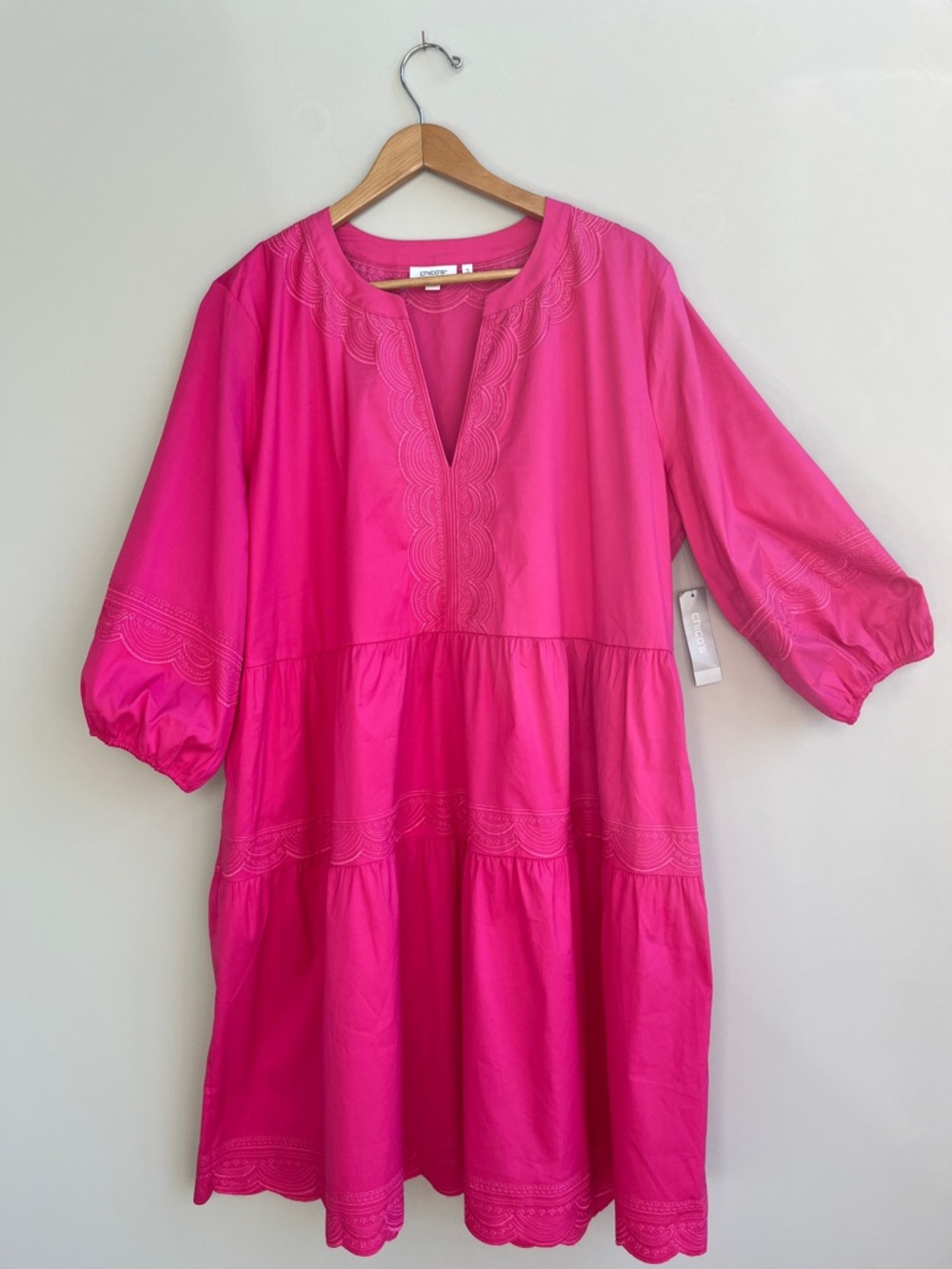 Chico’s‎ Tiered Embroidered Dress 3/4 Sleeves Midi Fuchsia Peony